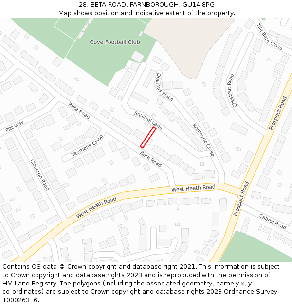 28, BETA ROAD, FARNBOROUGH, GU14 8PG: Location map and indicative extent of plot