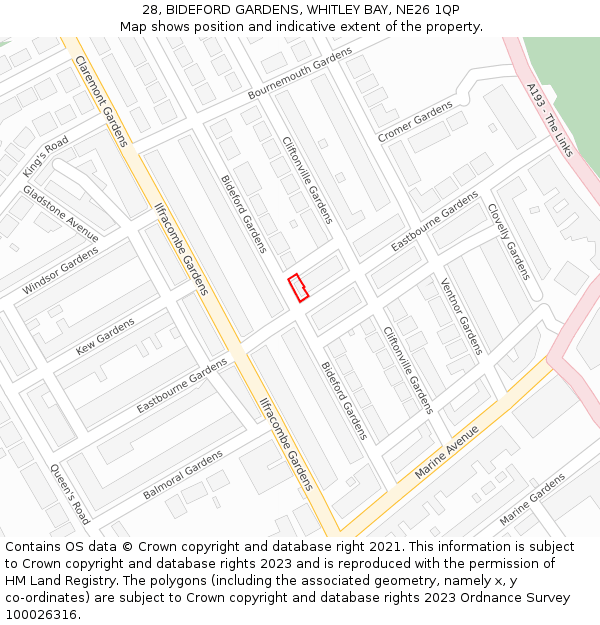 28, BIDEFORD GARDENS, WHITLEY BAY, NE26 1QP: Location map and indicative extent of plot