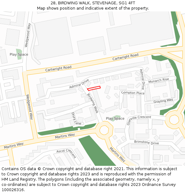 28, BIRDWING WALK, STEVENAGE, SG1 4FT: Location map and indicative extent of plot