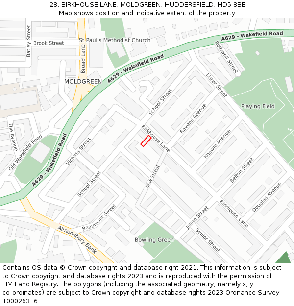 28, BIRKHOUSE LANE, MOLDGREEN, HUDDERSFIELD, HD5 8BE: Location map and indicative extent of plot