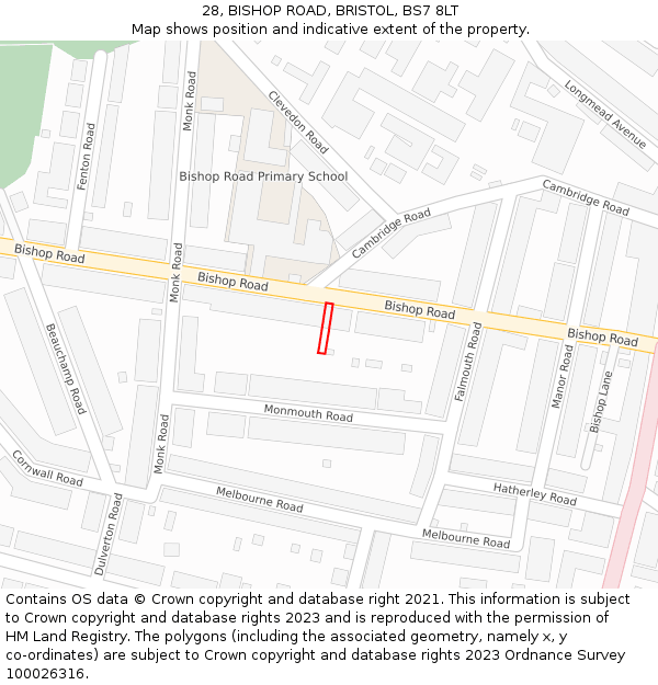 28, BISHOP ROAD, BRISTOL, BS7 8LT: Location map and indicative extent of plot