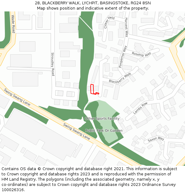 28, BLACKBERRY WALK, LYCHPIT, BASINGSTOKE, RG24 8SN: Location map and indicative extent of plot