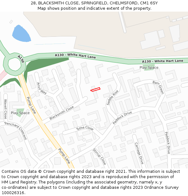 28, BLACKSMITH CLOSE, SPRINGFIELD, CHELMSFORD, CM1 6SY: Location map and indicative extent of plot