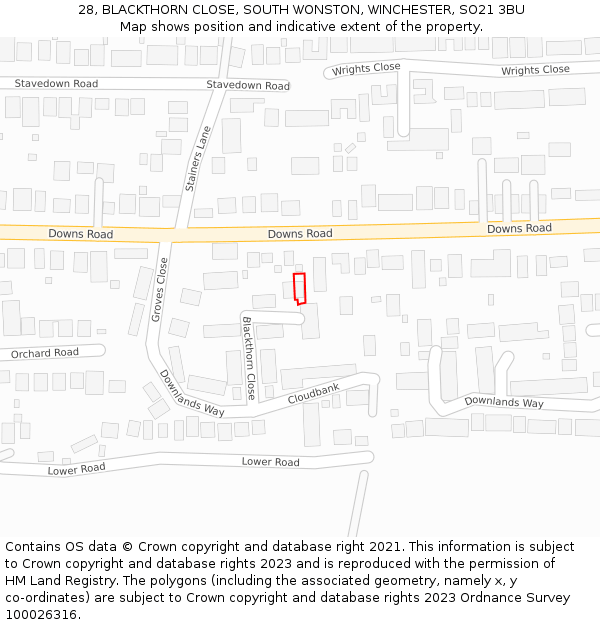 28, BLACKTHORN CLOSE, SOUTH WONSTON, WINCHESTER, SO21 3BU: Location map and indicative extent of plot