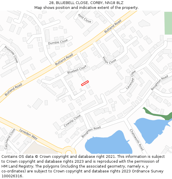 28, BLUEBELL CLOSE, CORBY, NN18 8LZ: Location map and indicative extent of plot