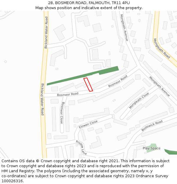 28, BOSMEOR ROAD, FALMOUTH, TR11 4PU: Location map and indicative extent of plot