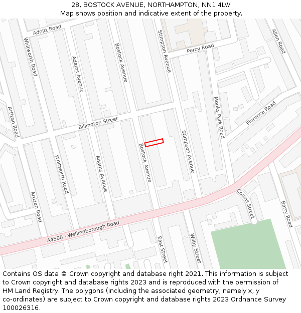 28, BOSTOCK AVENUE, NORTHAMPTON, NN1 4LW: Location map and indicative extent of plot