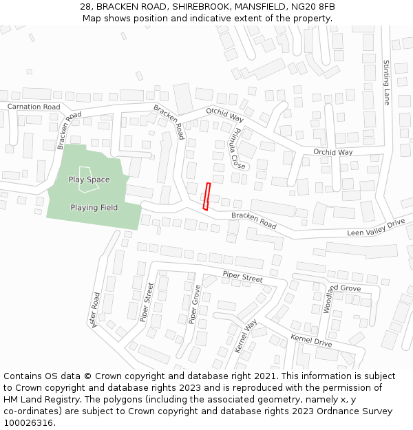 28, BRACKEN ROAD, SHIREBROOK, MANSFIELD, NG20 8FB: Location map and indicative extent of plot