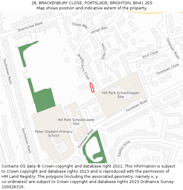 28, BRACKENBURY CLOSE, PORTSLADE, BRIGHTON, BN41 2ES: Location map and indicative extent of plot