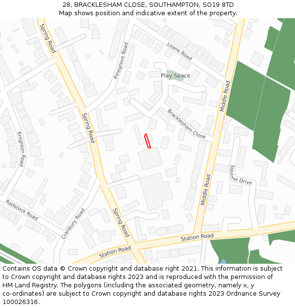 28, BRACKLESHAM CLOSE, SOUTHAMPTON, SO19 8TD: Location map and indicative extent of plot