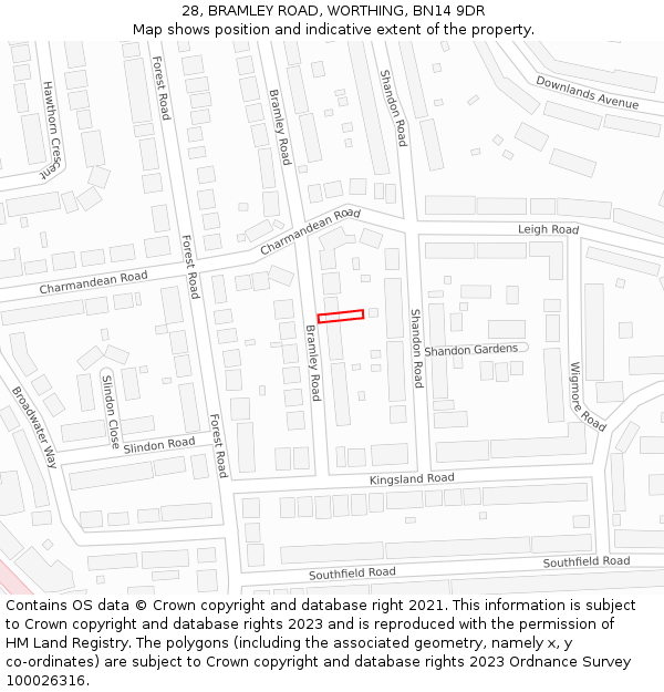 28, BRAMLEY ROAD, WORTHING, BN14 9DR: Location map and indicative extent of plot