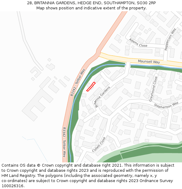 28, BRITANNIA GARDENS, HEDGE END, SOUTHAMPTON, SO30 2RP: Location map and indicative extent of plot