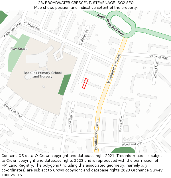 28, BROADWATER CRESCENT, STEVENAGE, SG2 8EQ: Location map and indicative extent of plot