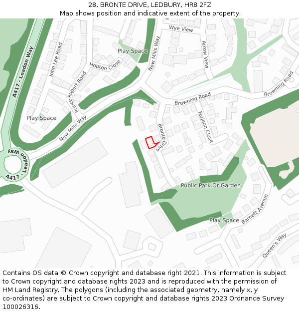 28, BRONTE DRIVE, LEDBURY, HR8 2FZ: Location map and indicative extent of plot