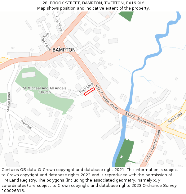 28, BROOK STREET, BAMPTON, TIVERTON, EX16 9LY: Location map and indicative extent of plot