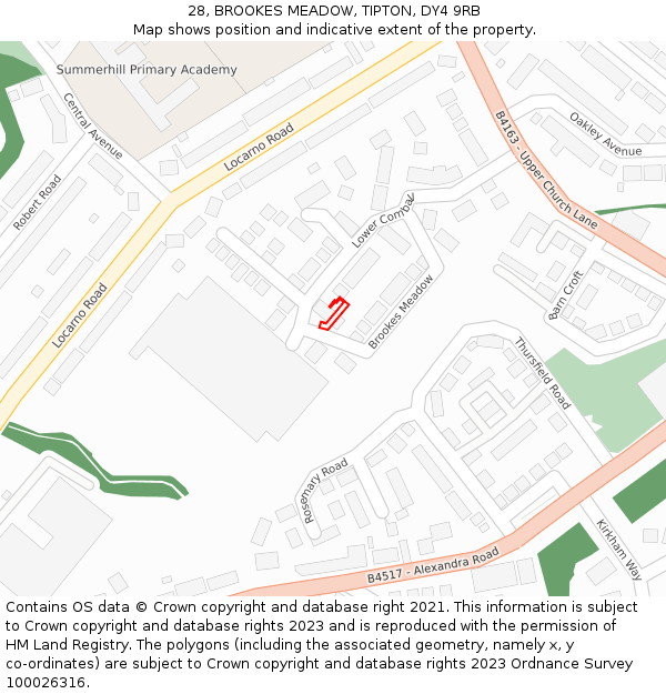 28, BROOKES MEADOW, TIPTON, DY4 9RB: Location map and indicative extent of plot