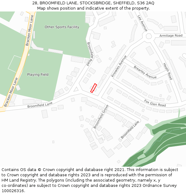28, BROOMFIELD LANE, STOCKSBRIDGE, SHEFFIELD, S36 2AQ: Location map and indicative extent of plot