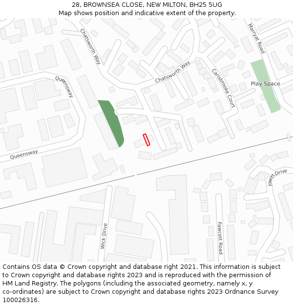 28, BROWNSEA CLOSE, NEW MILTON, BH25 5UG: Location map and indicative extent of plot