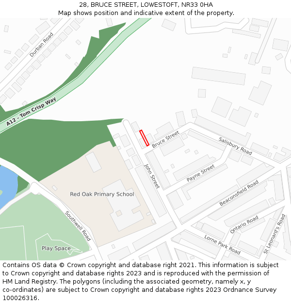 28, BRUCE STREET, LOWESTOFT, NR33 0HA: Location map and indicative extent of plot
