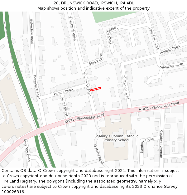 28, BRUNSWICK ROAD, IPSWICH, IP4 4BL: Location map and indicative extent of plot