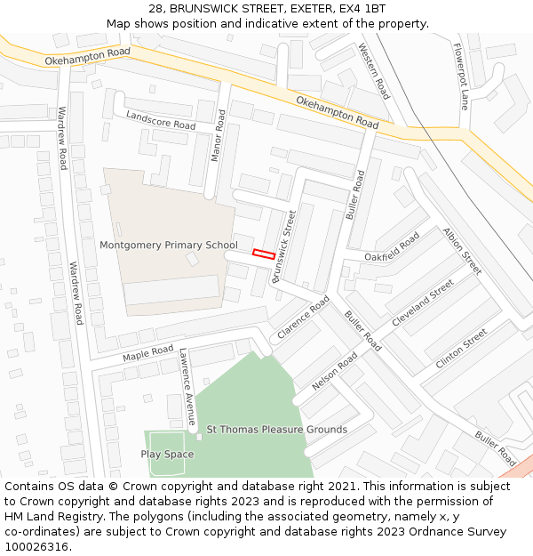 28, BRUNSWICK STREET, EXETER, EX4 1BT: Location map and indicative extent of plot