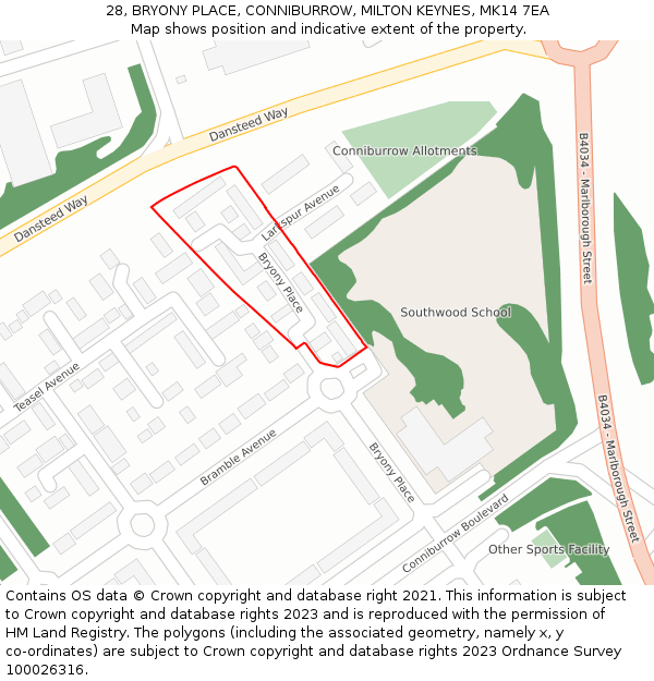 28, BRYONY PLACE, CONNIBURROW, MILTON KEYNES, MK14 7EA: Location map and indicative extent of plot