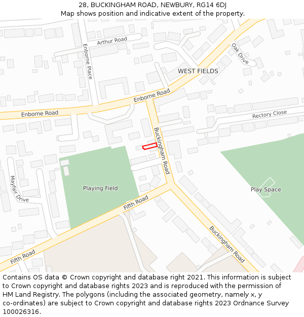 28, BUCKINGHAM ROAD, NEWBURY, RG14 6DJ: Location map and indicative extent of plot