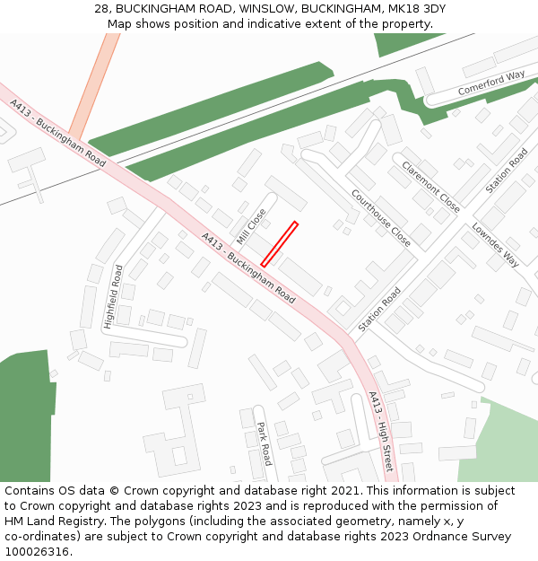 28, BUCKINGHAM ROAD, WINSLOW, BUCKINGHAM, MK18 3DY: Location map and indicative extent of plot