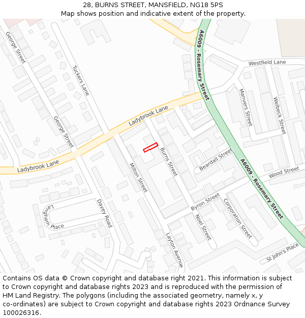 28, BURNS STREET, MANSFIELD, NG18 5PS: Location map and indicative extent of plot