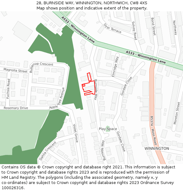 28, BURNSIDE WAY, WINNINGTON, NORTHWICH, CW8 4XS: Location map and indicative extent of plot