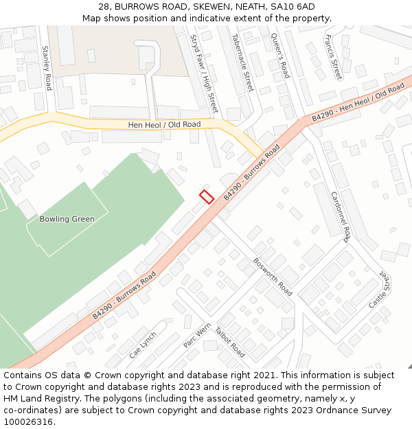 28, BURROWS ROAD, SKEWEN, NEATH, SA10 6AD: Location map and indicative extent of plot