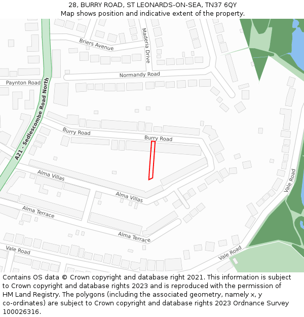 28, BURRY ROAD, ST LEONARDS-ON-SEA, TN37 6QY: Location map and indicative extent of plot