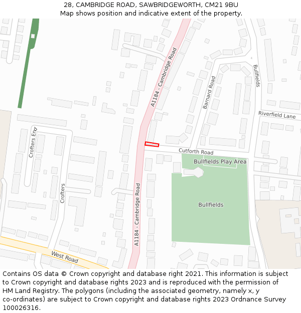 28, CAMBRIDGE ROAD, SAWBRIDGEWORTH, CM21 9BU: Location map and indicative extent of plot