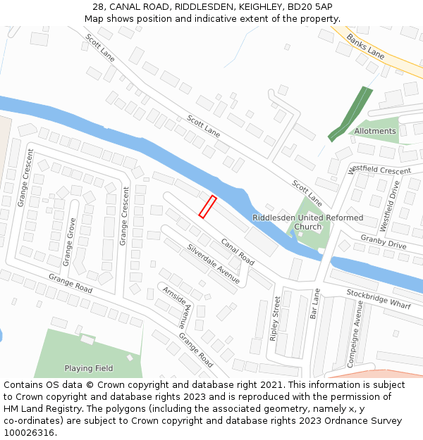 28, CANAL ROAD, RIDDLESDEN, KEIGHLEY, BD20 5AP: Location map and indicative extent of plot