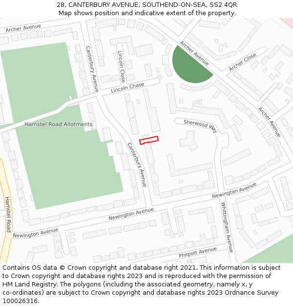 28, CANTERBURY AVENUE, SOUTHEND-ON-SEA, SS2 4QR: Location map and indicative extent of plot