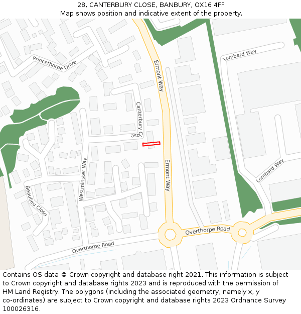 28, CANTERBURY CLOSE, BANBURY, OX16 4FF: Location map and indicative extent of plot