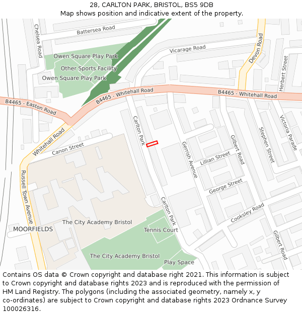 28, CARLTON PARK, BRISTOL, BS5 9DB: Location map and indicative extent of plot