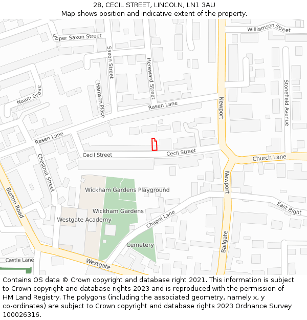 28, CECIL STREET, LINCOLN, LN1 3AU: Location map and indicative extent of plot