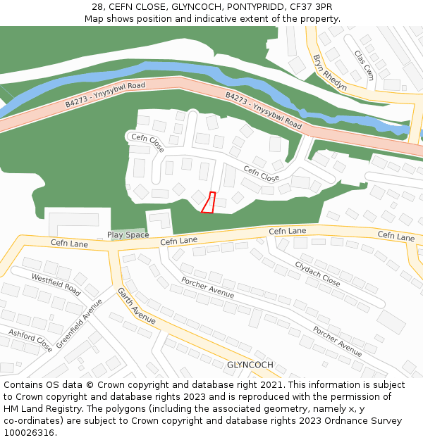 28, CEFN CLOSE, GLYNCOCH, PONTYPRIDD, CF37 3PR: Location map and indicative extent of plot