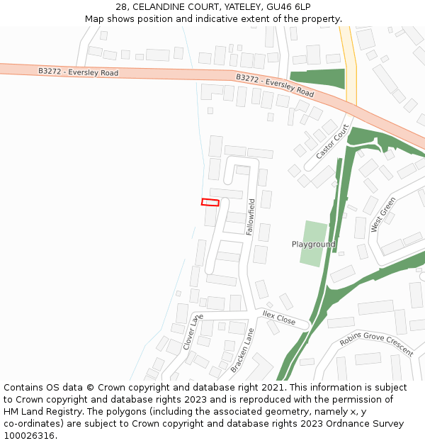 28, CELANDINE COURT, YATELEY, GU46 6LP: Location map and indicative extent of plot