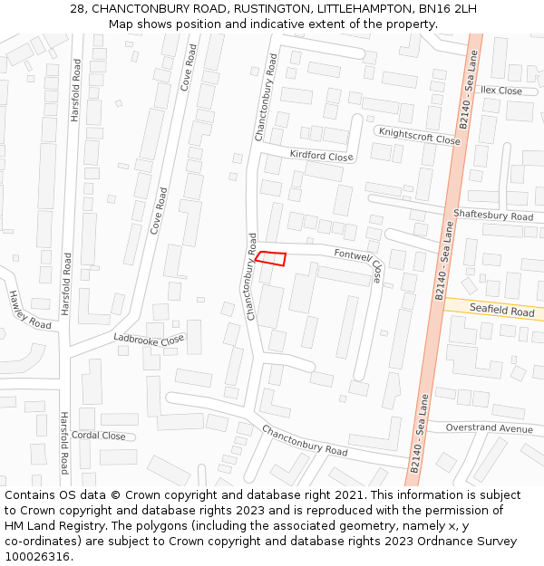 28, CHANCTONBURY ROAD, RUSTINGTON, LITTLEHAMPTON, BN16 2LH: Location map and indicative extent of plot