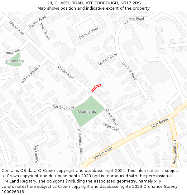 28, CHAPEL ROAD, ATTLEBOROUGH, NR17 2DS: Location map and indicative extent of plot