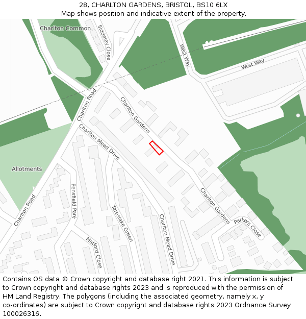 28, CHARLTON GARDENS, BRISTOL, BS10 6LX: Location map and indicative extent of plot