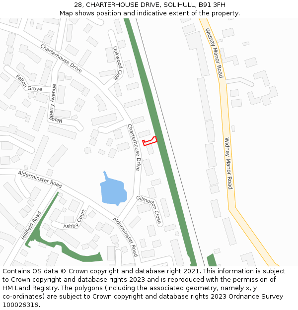 28, CHARTERHOUSE DRIVE, SOLIHULL, B91 3FH: Location map and indicative extent of plot