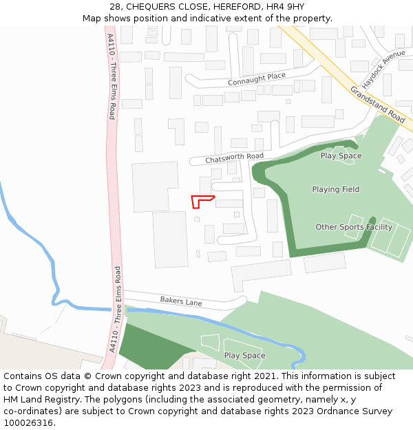 28, CHEQUERS CLOSE, HEREFORD, HR4 9HY: Location map and indicative extent of plot