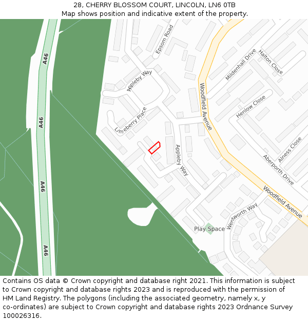 28, CHERRY BLOSSOM COURT, LINCOLN, LN6 0TB: Location map and indicative extent of plot