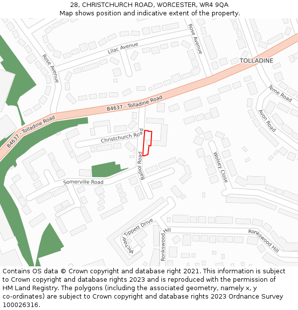 28, CHRISTCHURCH ROAD, WORCESTER, WR4 9QA: Location map and indicative extent of plot