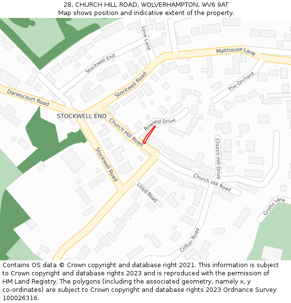 28, CHURCH HILL ROAD, WOLVERHAMPTON, WV6 9AT: Location map and indicative extent of plot
