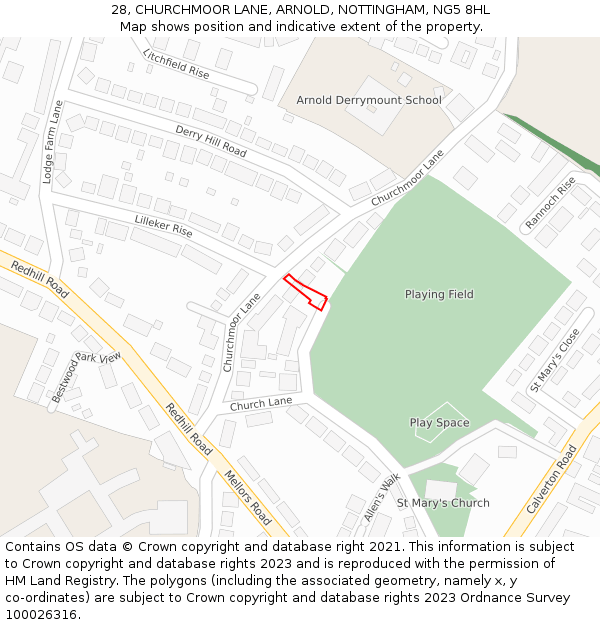 28, CHURCHMOOR LANE, ARNOLD, NOTTINGHAM, NG5 8HL: Location map and indicative extent of plot