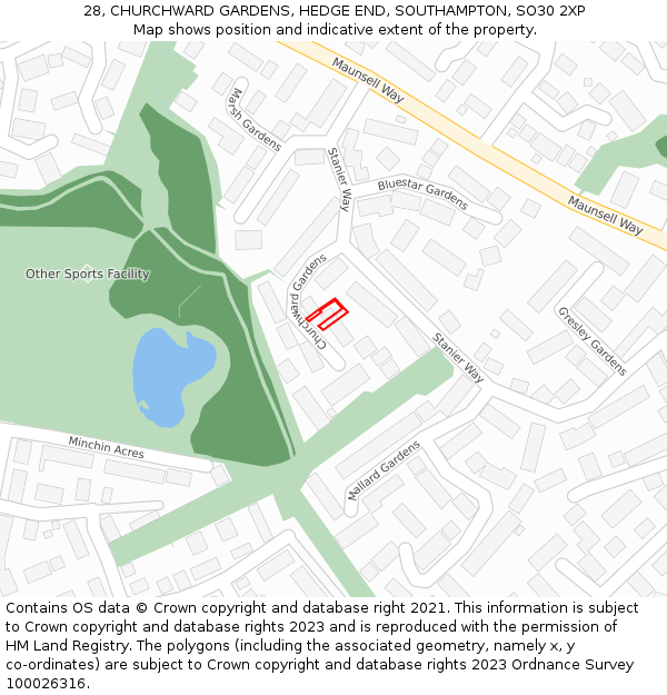 28, CHURCHWARD GARDENS, HEDGE END, SOUTHAMPTON, SO30 2XP: Location map and indicative extent of plot